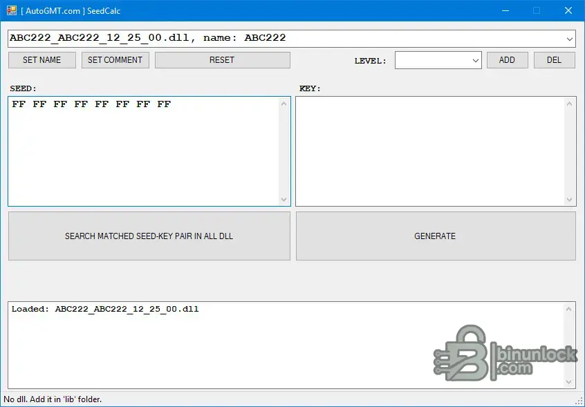 Seed Key Calculator v1.0 main window with seed input and DLL scan buttons