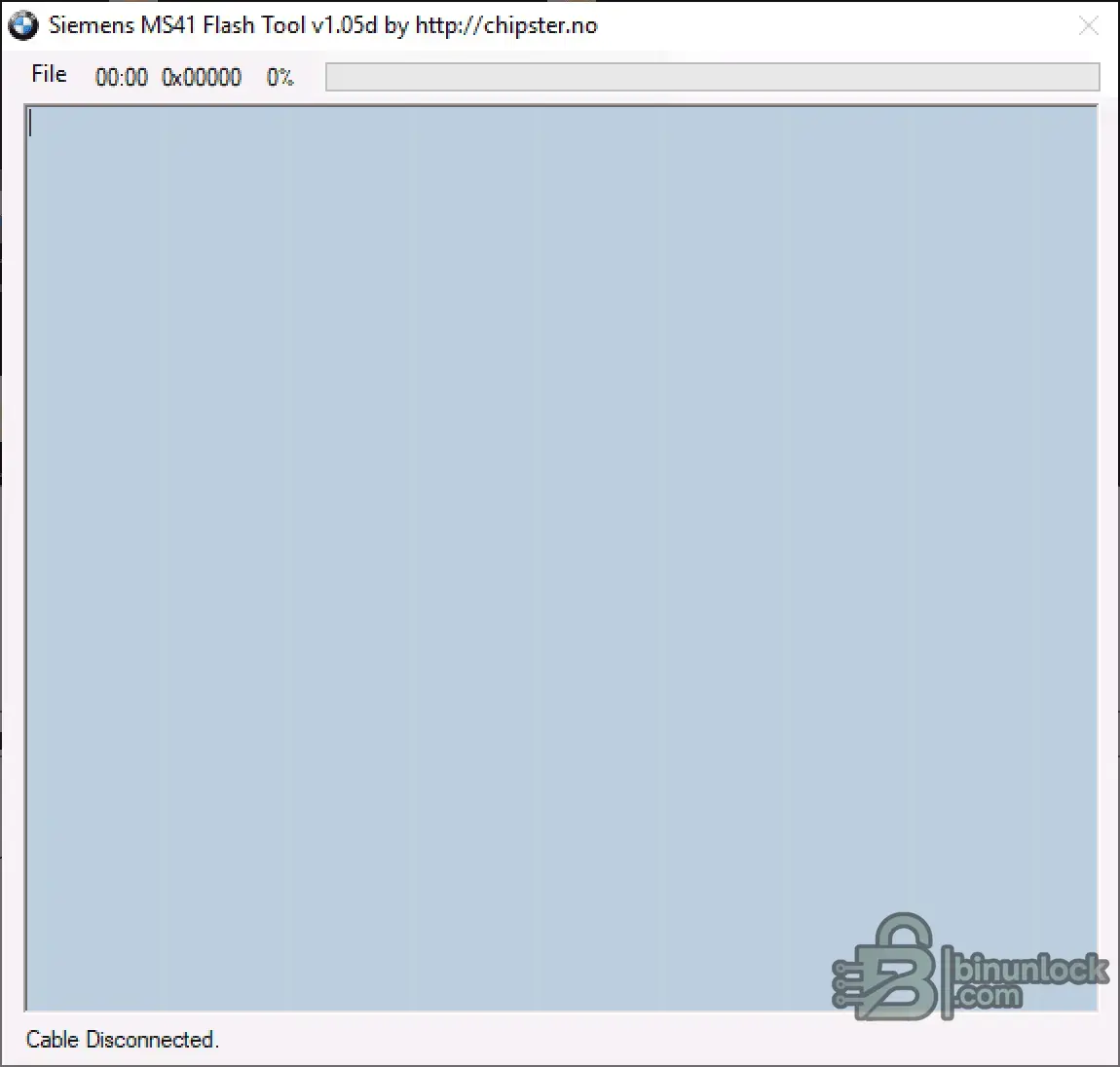 Siemens MS41 Flash Tool v1.05d main window with progress bar and cable status