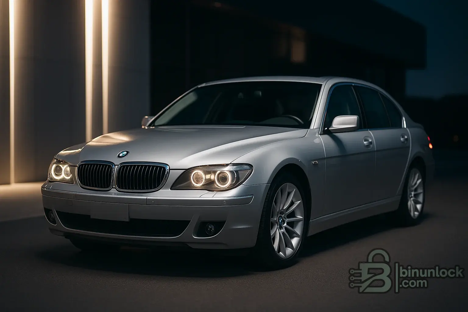 Silver BMW E66 LCI facelift sedan parked at night with LED angel eyes illuminated three quarter front angle modern architectural backdrop wide landscape cover image for a tuning article