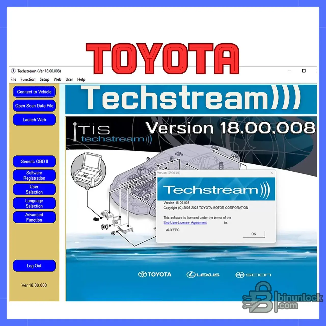 Toyota Techstream version 18.00.008 main interface for diagnostics and utilities
