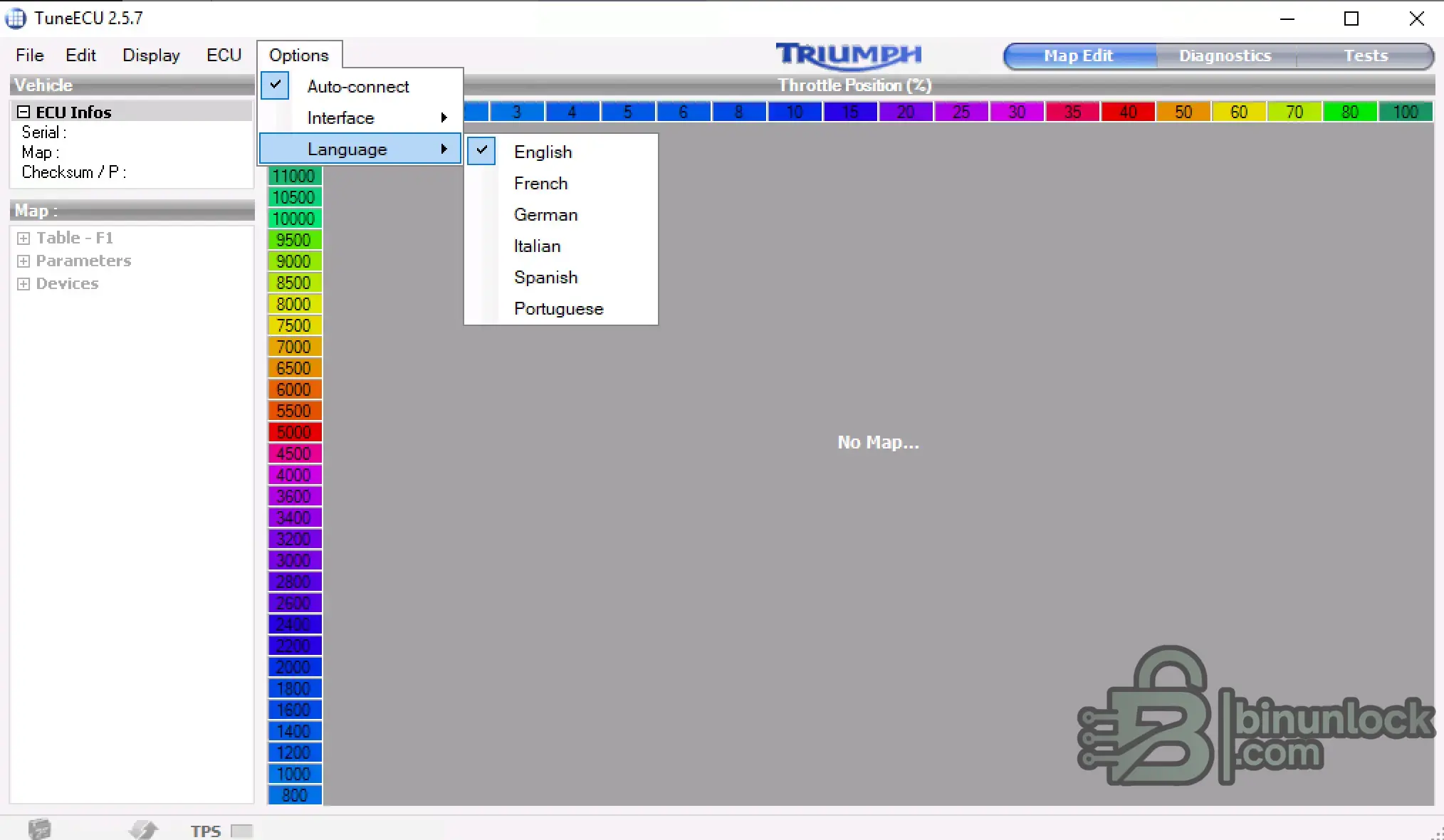 TuneECU Tuning Triumph Aprilia KTM 2.5.7 menu screen