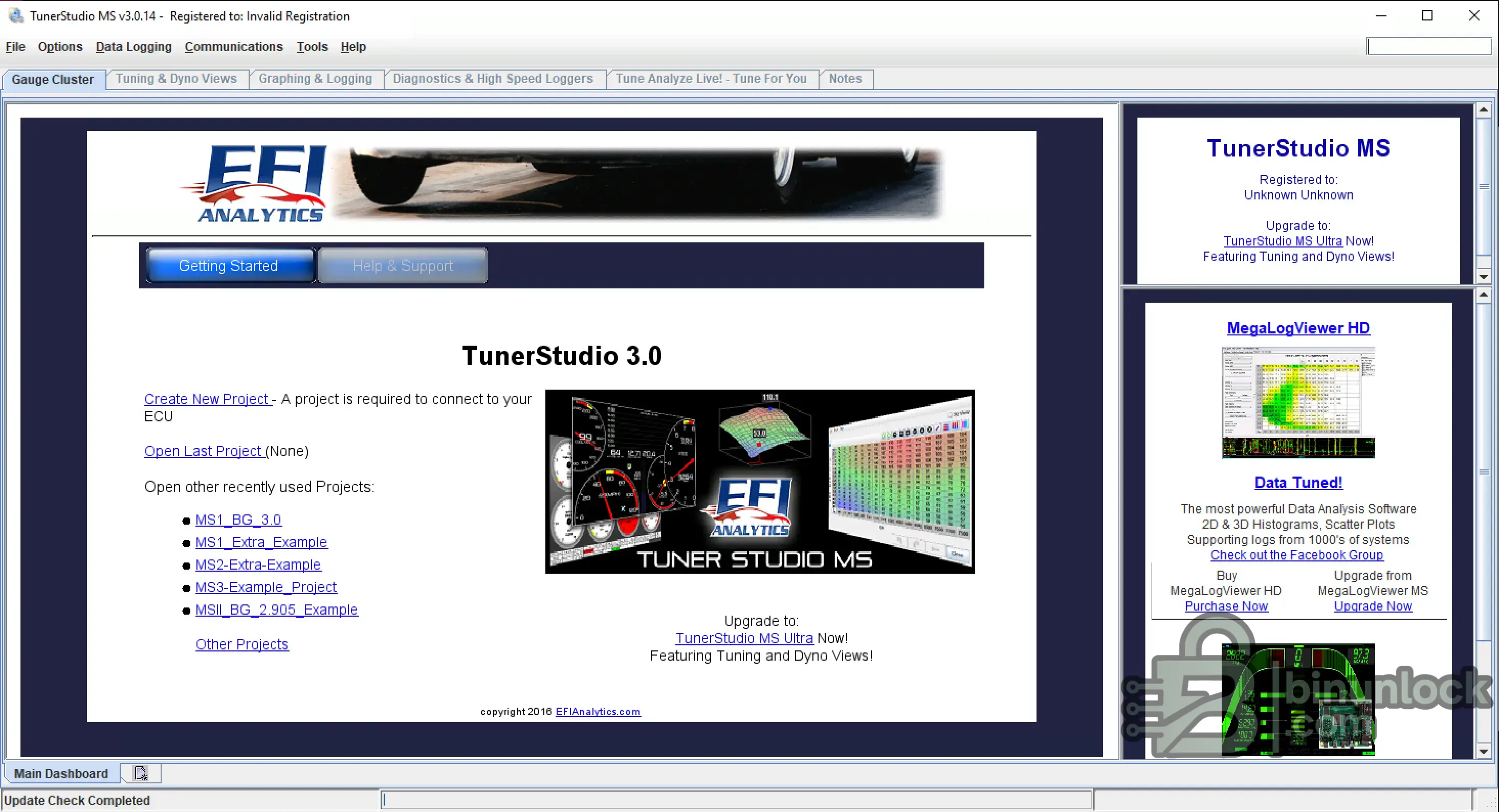 EFI Analytics TunerStudio MS ECU Tuning 0.18 cluster screen