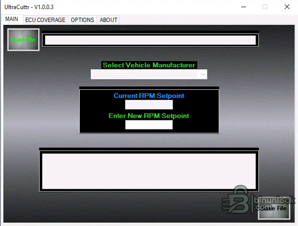 UltraCuttr main window showing RPM setpoint editor and file load/save controls