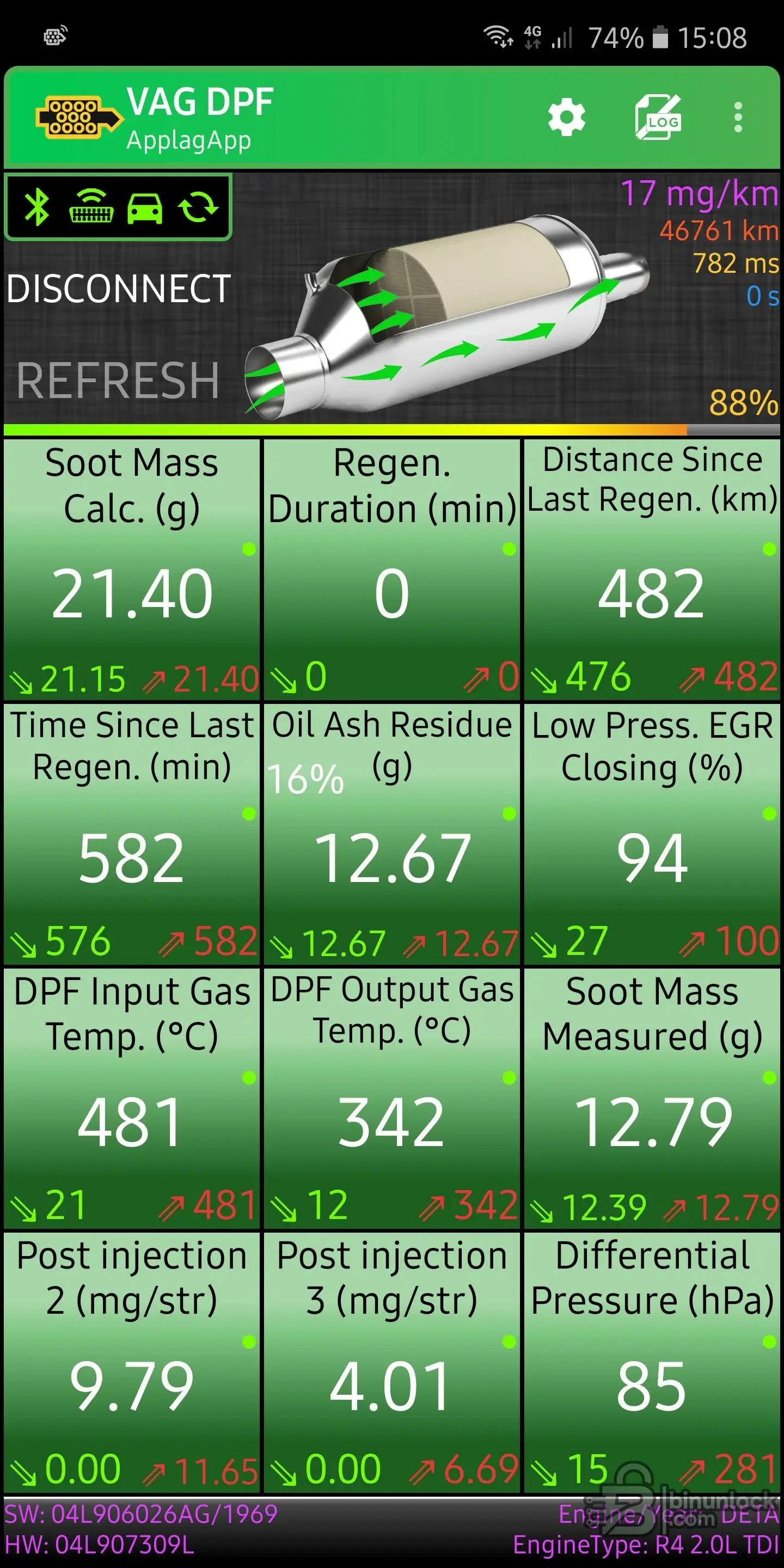 VAG DPF cluster screen