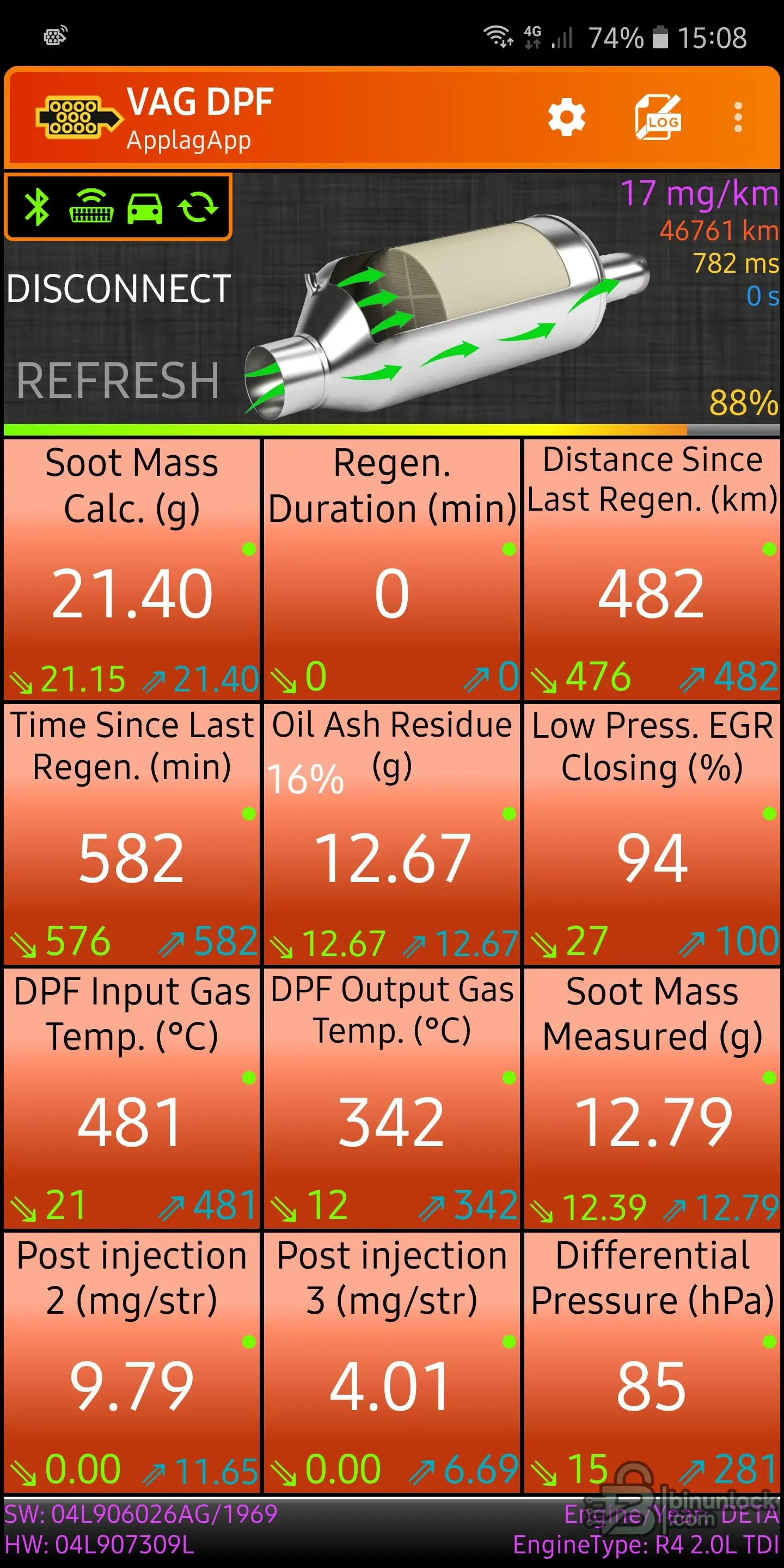VAG DPF cluster screen