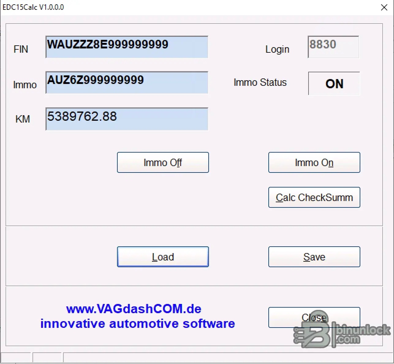 EDC15Calc v1.0.0.0 interface showing VIN Immo ID PIN and immo on off controls