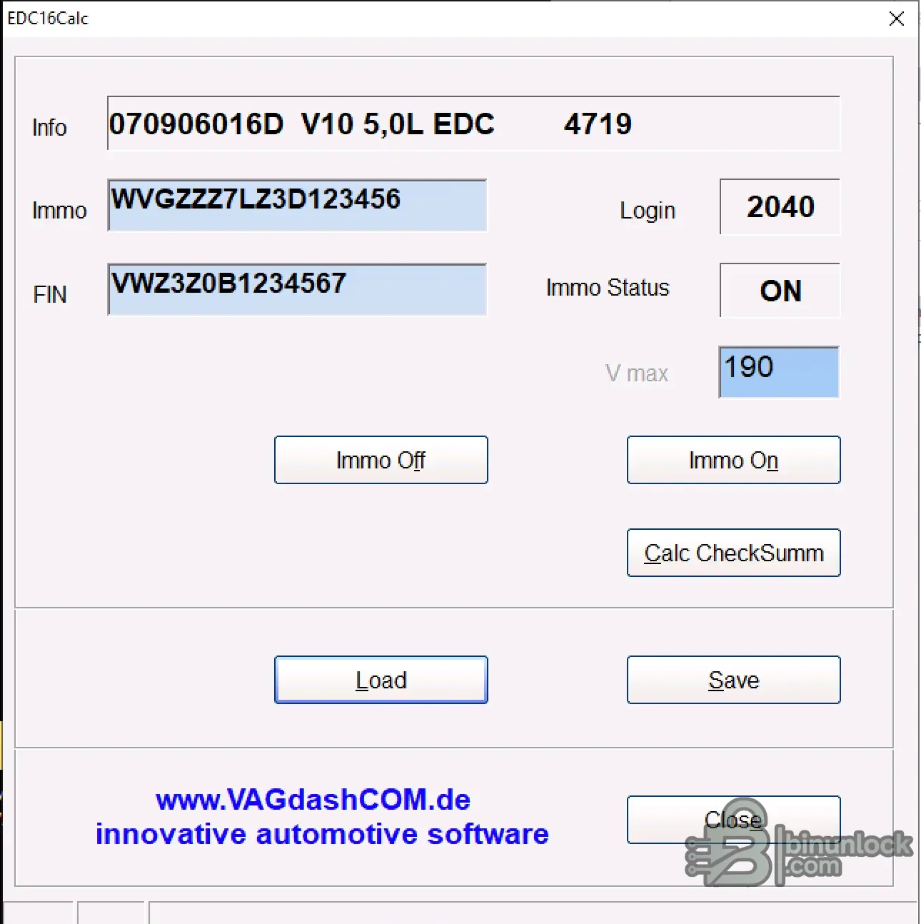 EDC16Calc v1.0 interface showing VIN immo ID PIN Vmax and immo on off controls