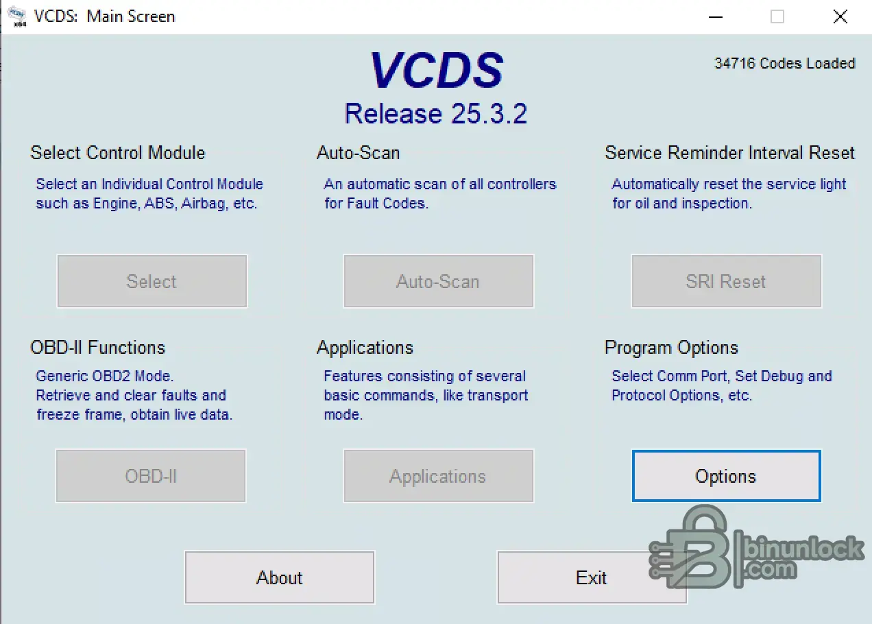 VCDS 25.3.2 home screen with Auto-Scan OBD-II SRI and Options panels visible.