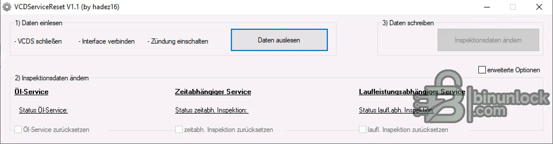 VCDServiceReset UDS Service Interval Reset Utility function screen