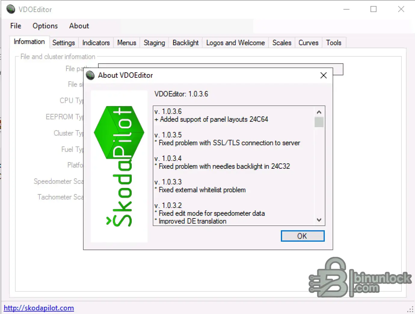 VDOEditor v1.0.3.6 About dialog with changelog notes and version information