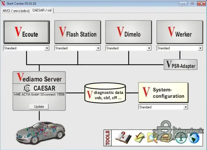 Vediamo Connection Tool v5.01.01 update screen with QuickTest and DIAGCON notes