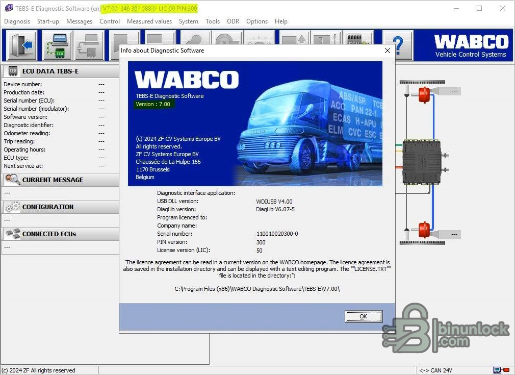 TEBS-E v7.00 about screen with license info and WD-USB interface details