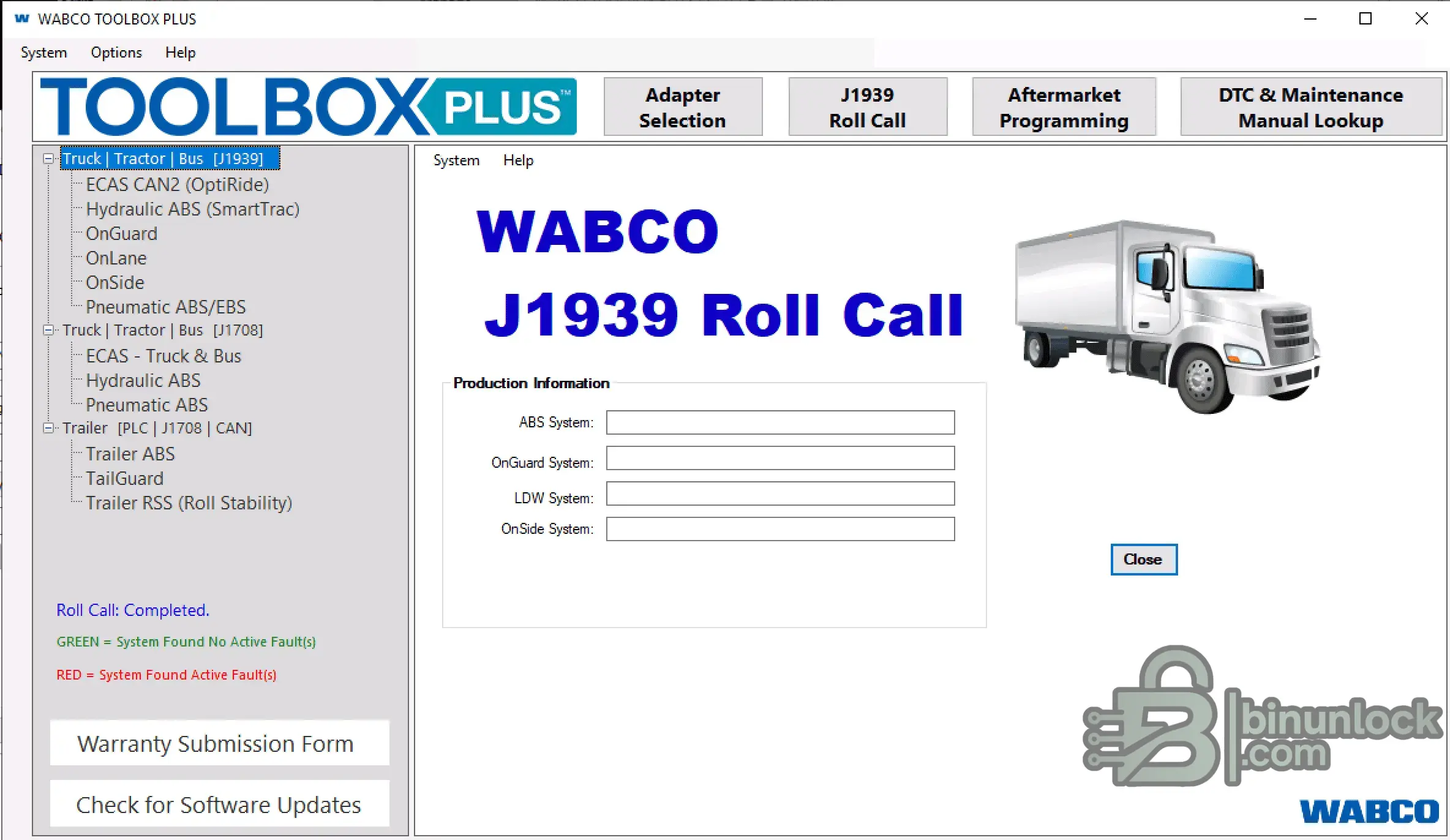 WABCO TOOLBOX PLUS 13.7.0.1 main screen with J1939 Roll Call and system tree