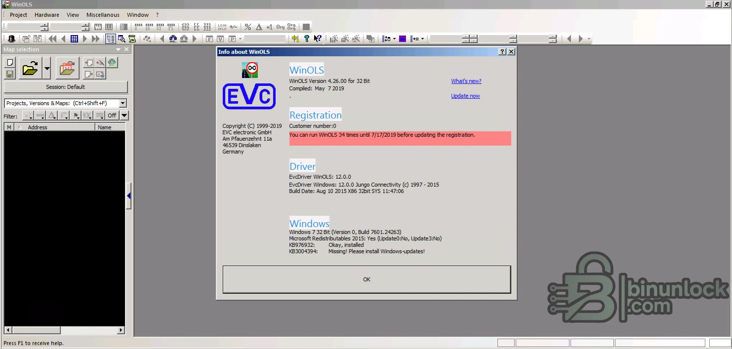 WinOLS 4.26 VMWare status screen