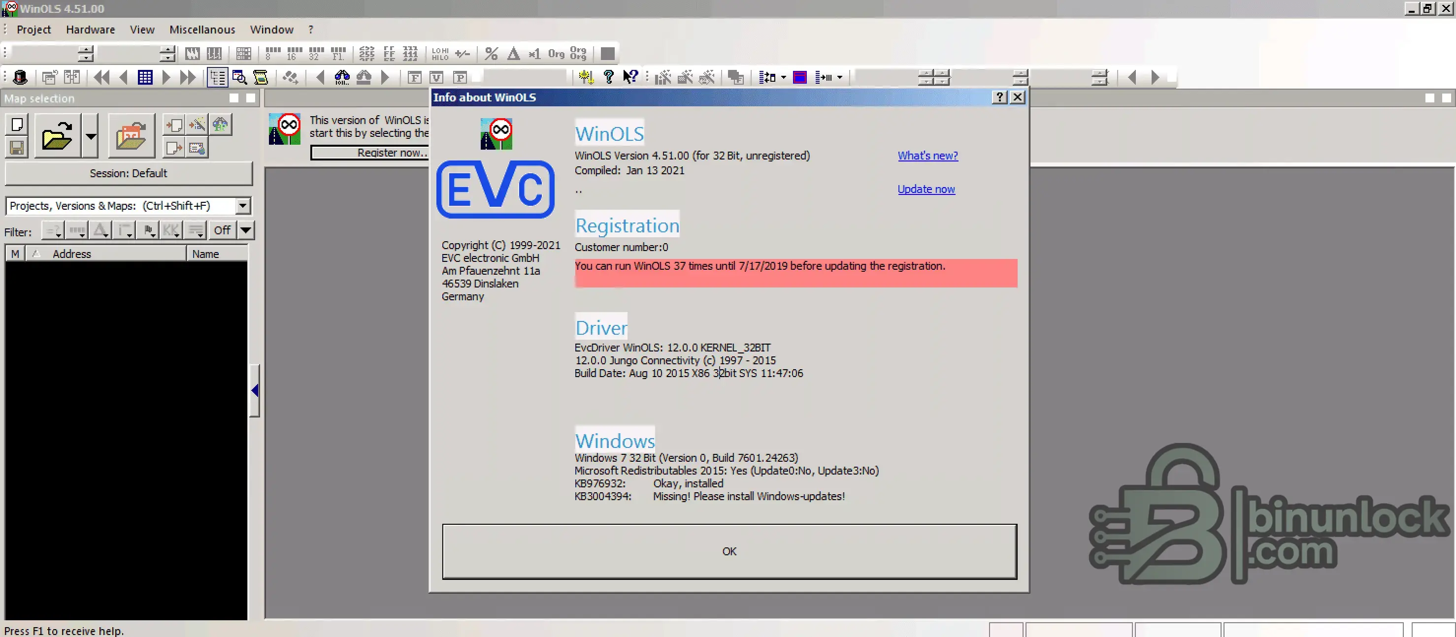 WinOLS 4.51 VMWare status screen