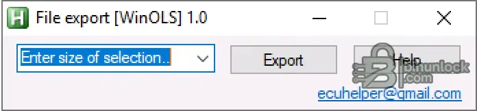 WinOLS File Export 1.0 main window with size selector, Export and Help buttons.
