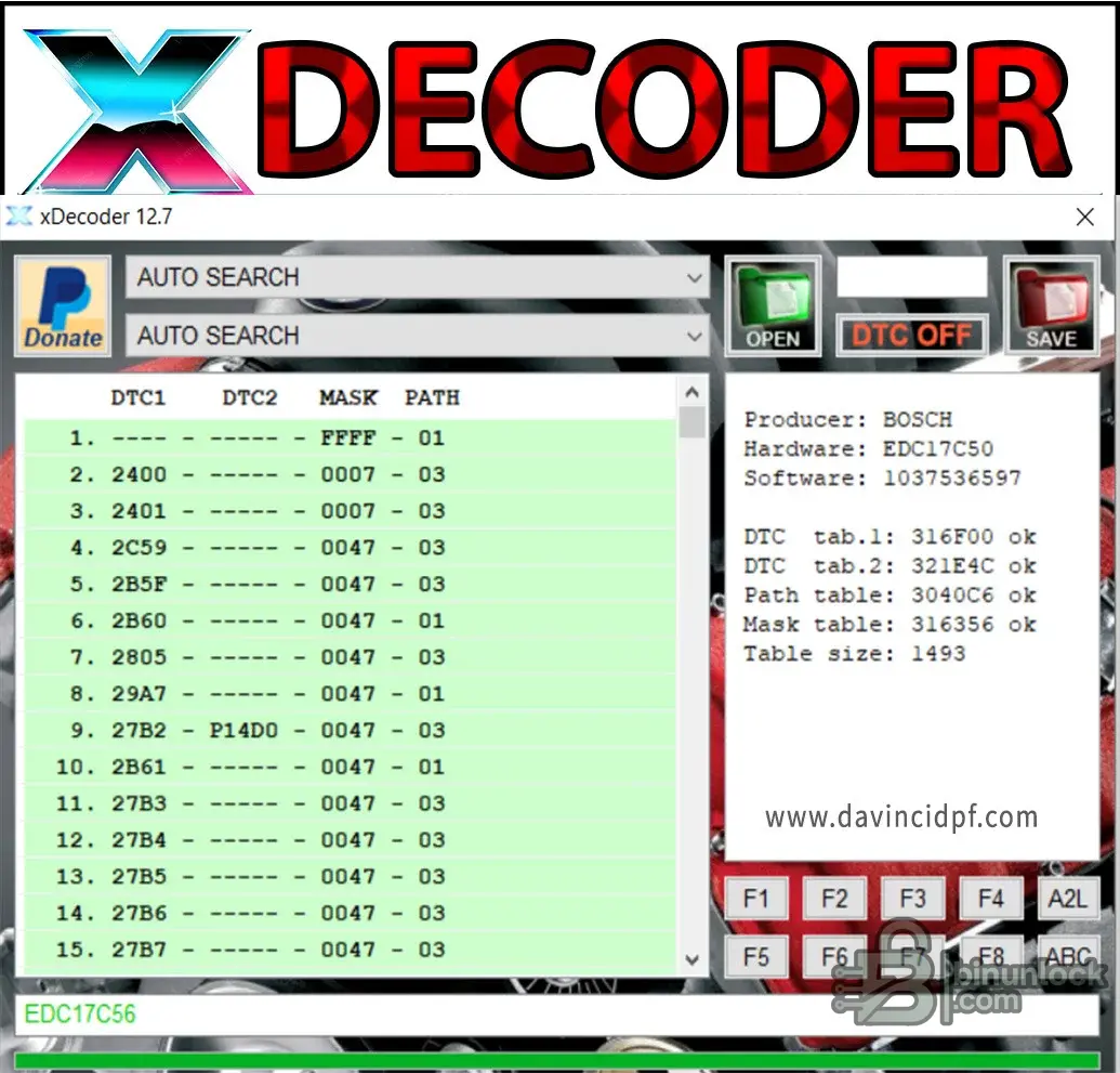 xDecoder v12.7 interface showing auto search with DTC tables and mask paths