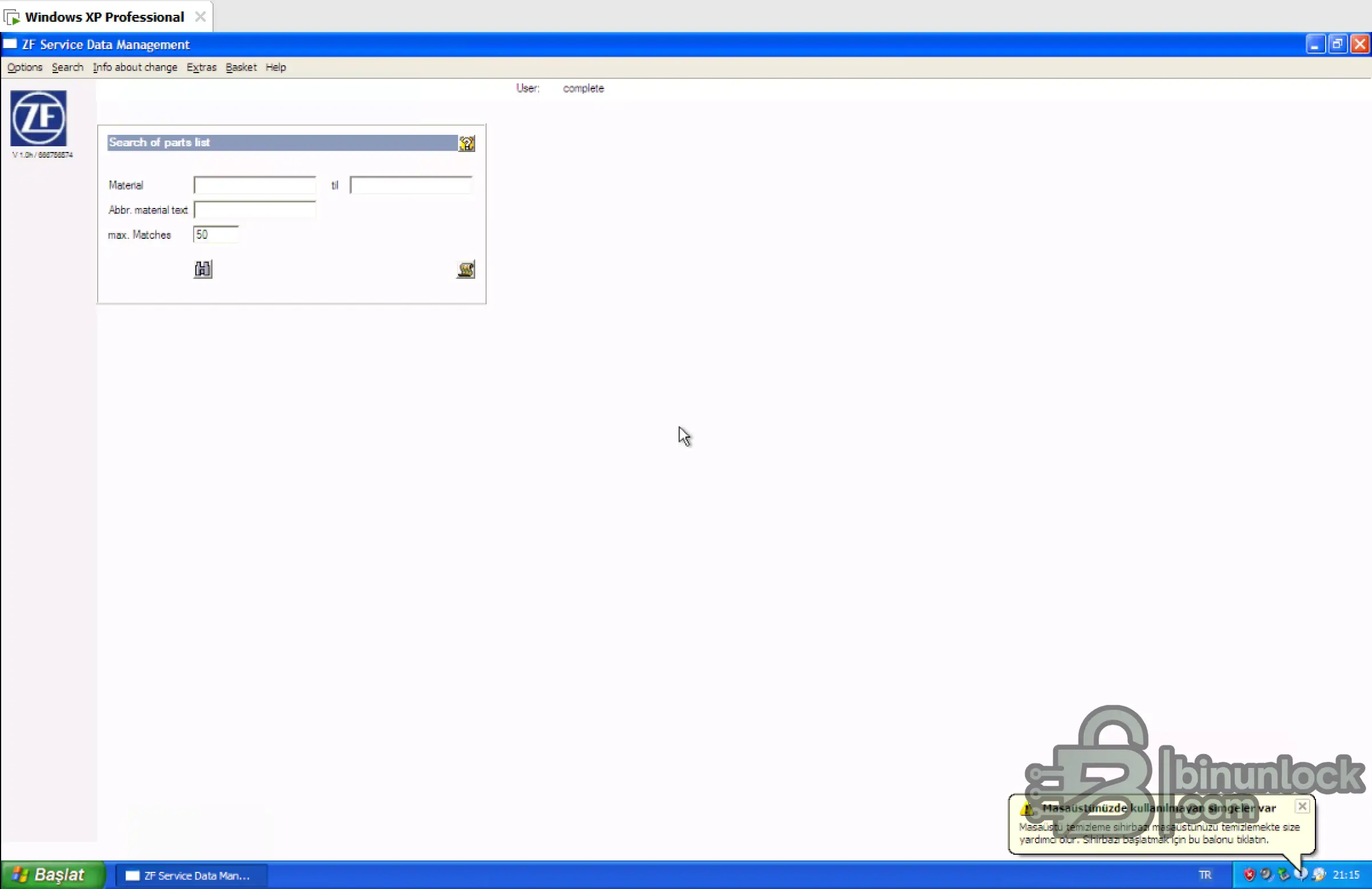 ZF SDM v1.0g parts list search screen with material number and text filters
